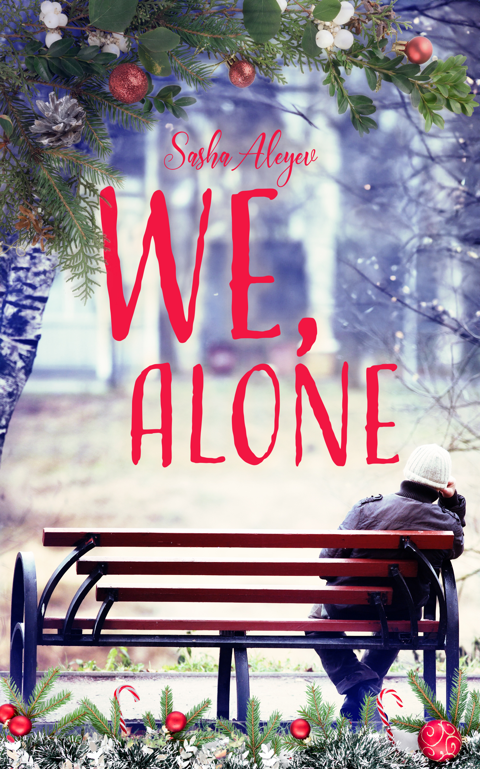 Cover des Romans "We, Alone" von Sasha Aleyev. Eine Bank mit roten Streben und schwarzem Rahmen vor einer winterlichen Kulisse. Am äußersten rechten Rand sitzt darauf ein Mensch mit grauer Jacke, Hose und weißer Mütze, der uns den Rücken zugewendet hat, sein Kopf ist in die rechte Hand gestützt. Er blickt auf die Silhouette eines Hochhauses mit weißer Fassade, die im Hintergrund angedeutet ist. Das Gesamtbild ist in Blau- und Grautönen gehalten, im Hintergrund liegt Schnee. In roten Großbuchstaben steht über der Bank der Titel "We, Alone", darüber in kleinerer, geschwungener roter Schrift der Autorenname "Sasha Aleyev". In den linken Teil des Bildes neigt sich der Stamm eines Baums, im rechten befinden sich mehrere verschwommene, frostbedeckte Äste. Der obere und untere Rand des Covers ist von schneebedeckten Tannenzweigen, roten und weißen Weihnachtskugeln, rot-weißen Zuckerstangen und silbernen Tannenzapfen gesäumt.