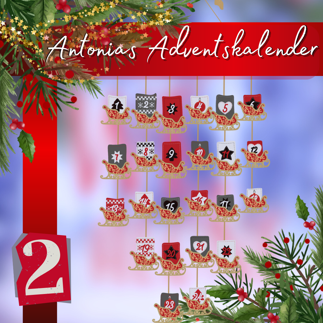 Bläulich verschwommener Hintergrund, links oben und rechts unten eingefasst von gezeichneten grünen Tannenzweigen mit roten Akzenten und goldener Girlande. Auf auf einer roten horizontalen Banderole steht in weiß die Überschrift "Antonias Adventskalender", auf einer vertikalen links unten in rot und weiß die Zahl Zwei. In der Mitte ist ein Adventskalender abgebildet, bei dem in mehreren Reihen kleine rot-goldene Schlitten an Schnüren hängen, aus denen jeweils ein Viereck mit einer der Zahlen von 1 bis 24 in aufsteigender Reihenfolge ragt.