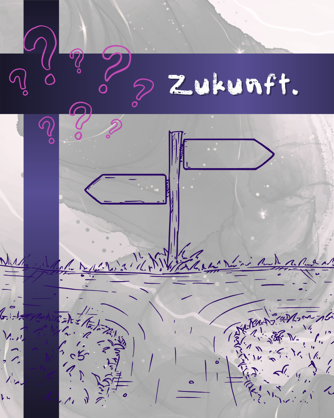 Auf einem grauen Hintergrund mit Wellenmuster befinden sich zwei dunkellila Balken, einer vertikal links im Bild, einer horizontal im oberen Bereich, auf dem in weißer Schrift die Überschrift "Zukunft." steht. Links daneben prangen eine Reihe pinker Fragezeichen in verschiedenen Größen. Darunter bildet eine ebenfalls dunkellila kritzelige Skizze einer Weggabelung mit Grasbüscheln den Hauptteil des Bildes. Der Weg beginnt von unten und teilt sich dann jeweils gerade nach rechts und links. In der Mitte steht ein Wegweiser mit je einem Schild nach rechts und links, die allerdings beide nicht beschriftet sind.